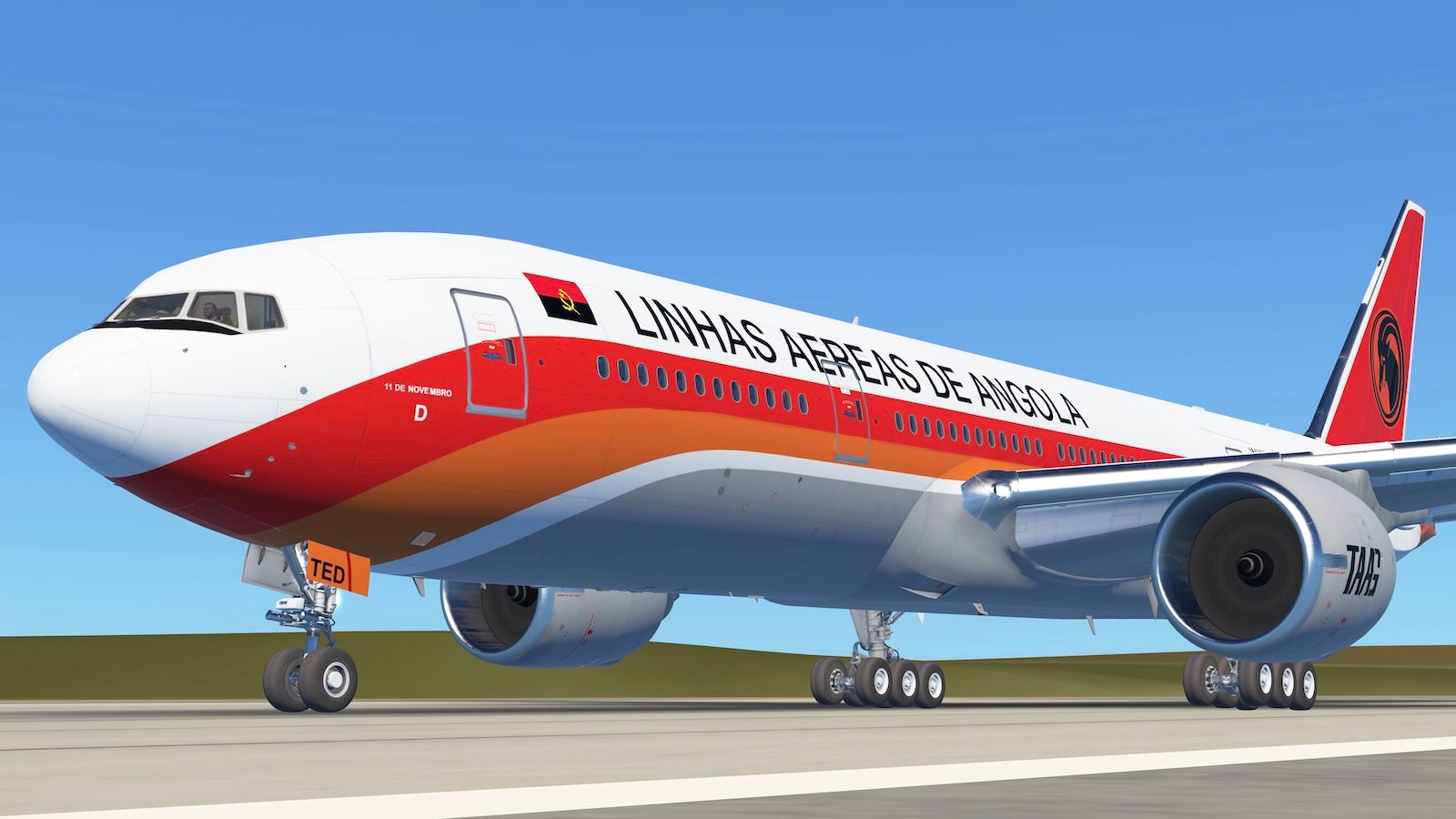Screenshot of a Taag Angola B772 lining up for departure in Infinite Flight
