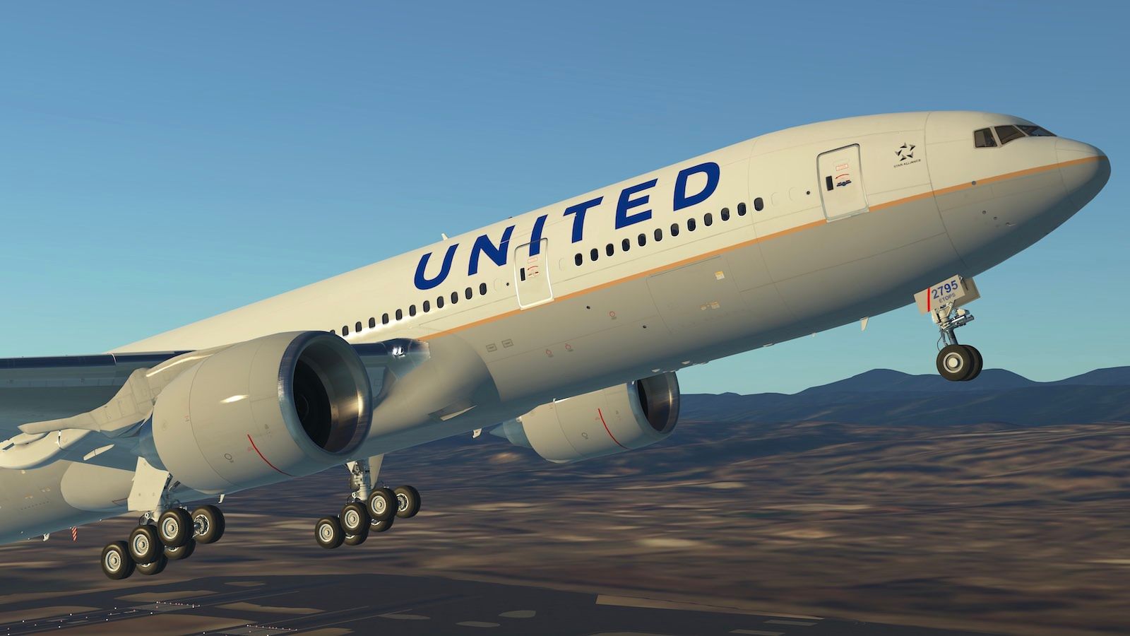 Screenshot of a United B772 blasting off en route to Guam in Infinite Flight
