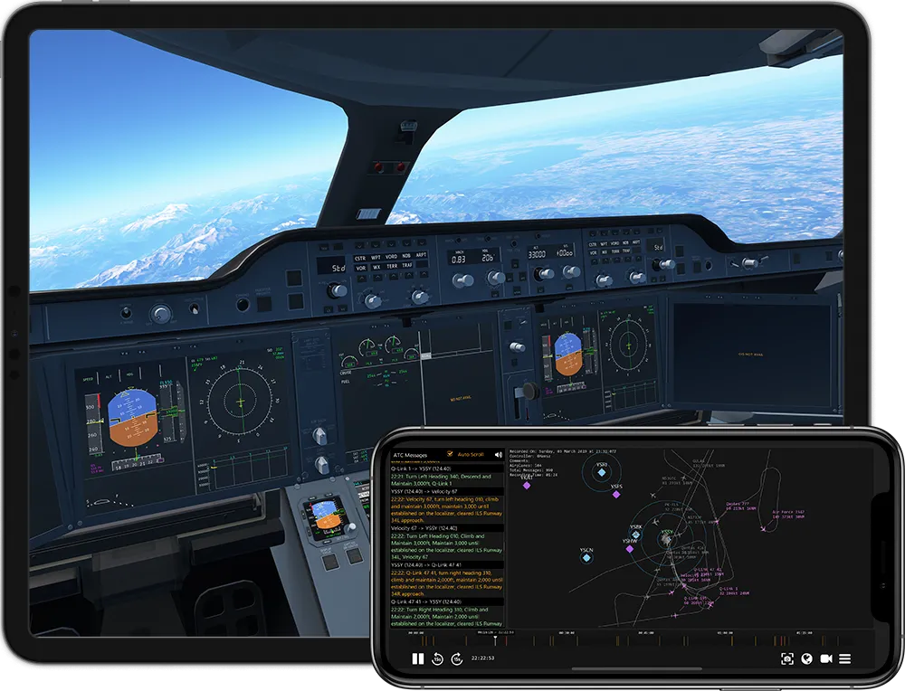Infinite Flight simulator running on an iPad Pro and an iPhone X