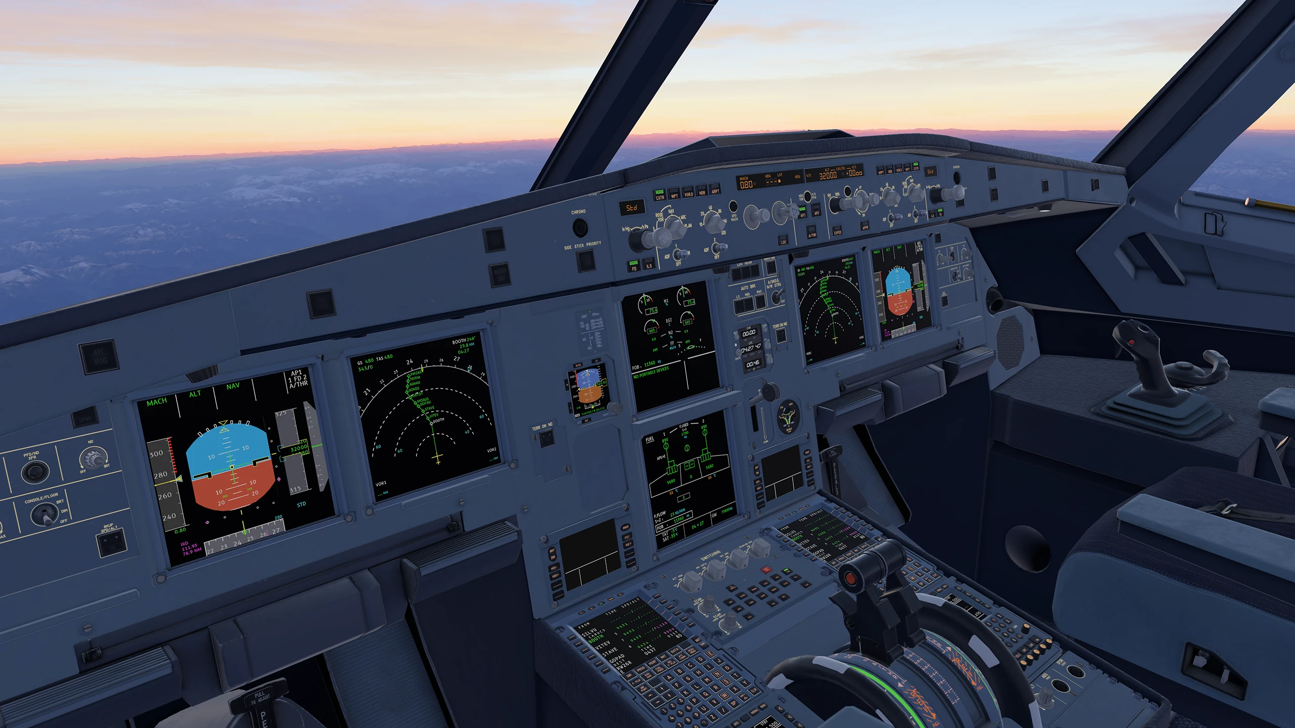 The flight deck of an Airbus A321neo in Infinite Flight at sunset