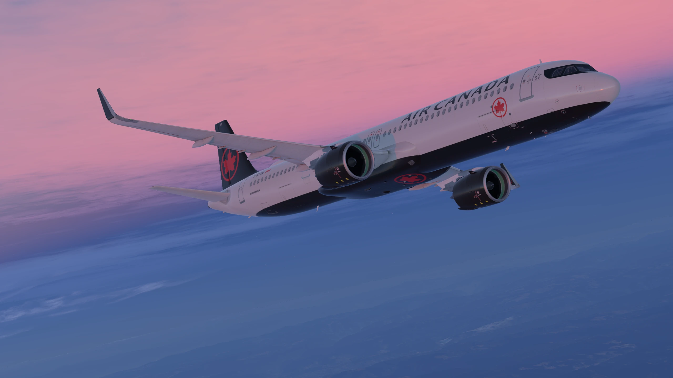 An Air Canada Airbus A321neo flying near the Canadian Rocky Mountains in Infinite Flight