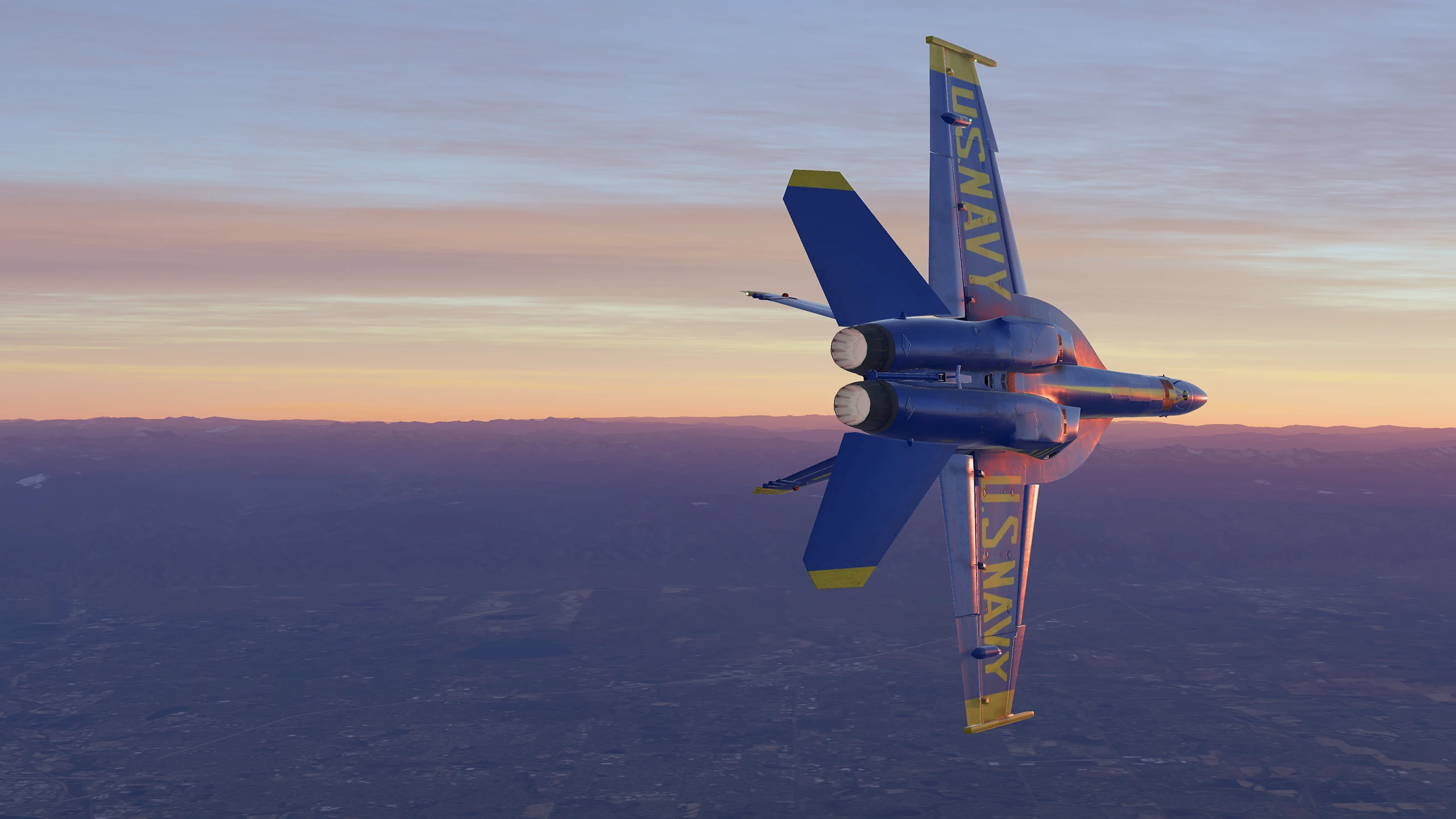 A US Navy Blue Angles FA18 Super Hornet in Infinite Flight banking at sunset