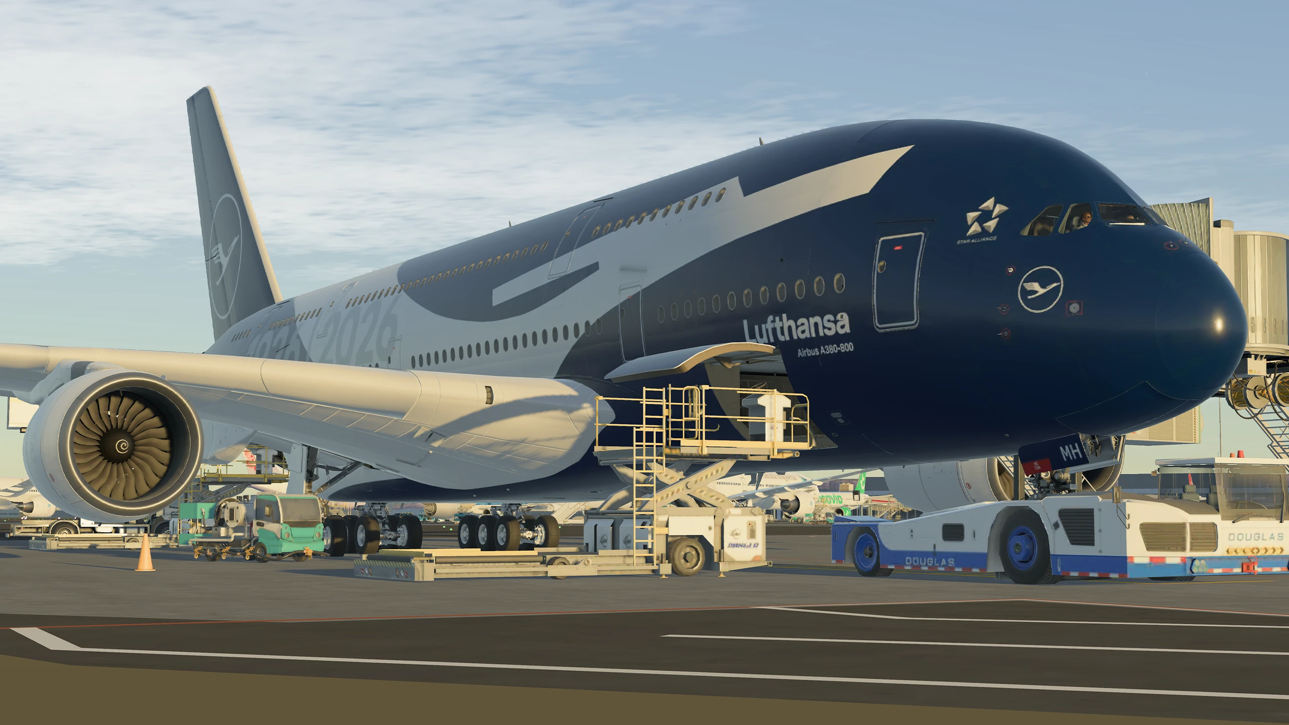 A Lufthansa Airbus A380 in the 100 years livery parked at the gate in Infinite Flight