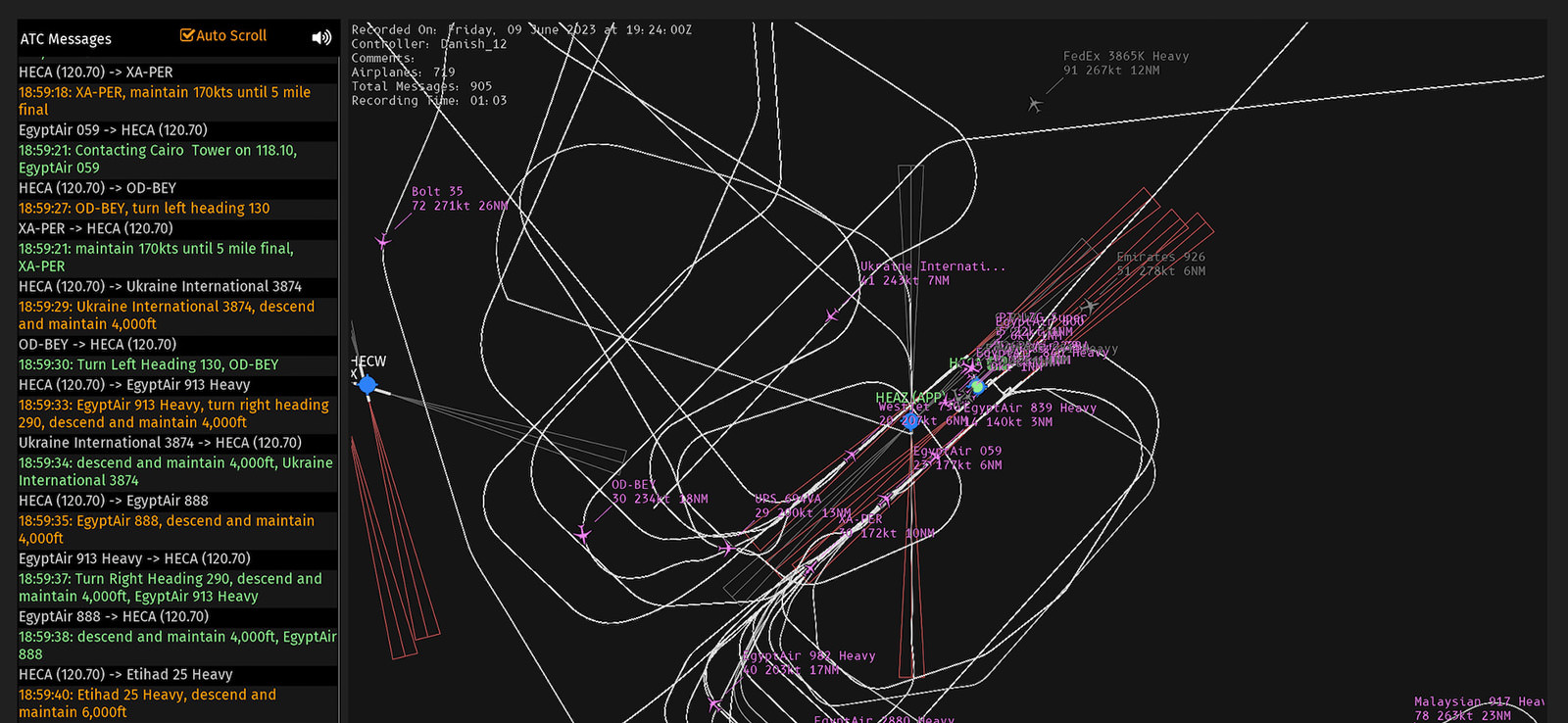 Screenshot of an ATC session in Infinite Flight simulator.